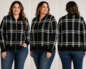 Sienna & Sage Black & White Plaid Zip-Up Sweater – Women’s XL
